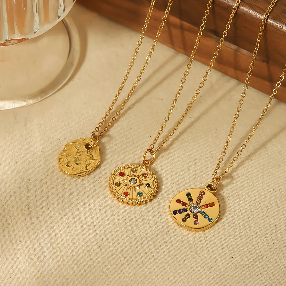 1 Piece Simple Stackable Style Round Shape Stainless Steel 18K Gold Plated Inlay Rhinestones Women's Pendant Necklaces h5 